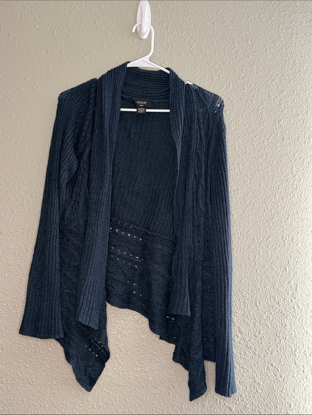 VERVE BLUE GREEN Draped Open-Front Cable Cardigan C050